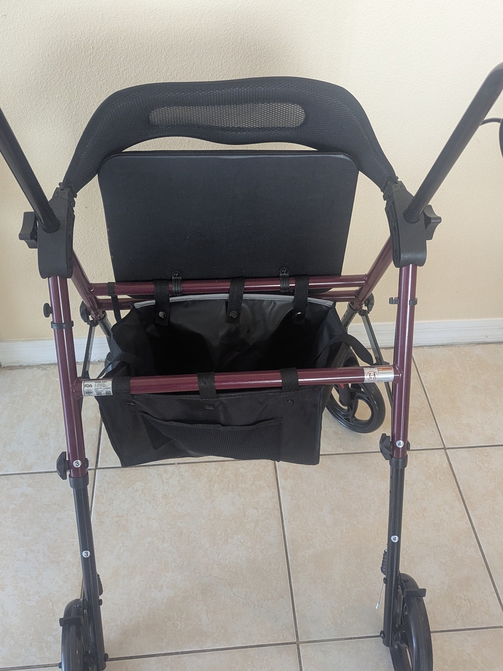 Lightweight Rolling Walker with Seat and Storage - Burgundy and Black